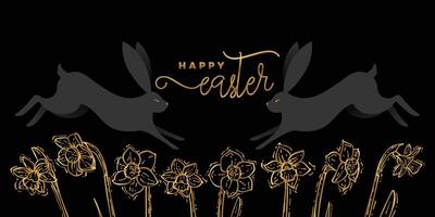 Black and gold Easter banner design with hand drawn cute rabbits, spring flowers like daffodil. Awesome font design written Happy Easter. vector