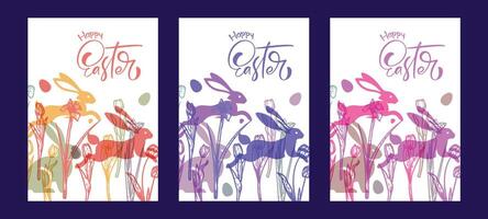 Elegant Easter A4 designs with hares, hand drawn line art tulips and eggs. Set of saturated colorful bunnies illustrations for social media, web and print projects. vector