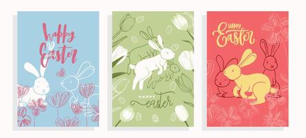 Playful Easter A4 designs with hand drawn line art bunnies, tulips and doodled flowers. Set of spring illustrations for social media, web and print projects. vector