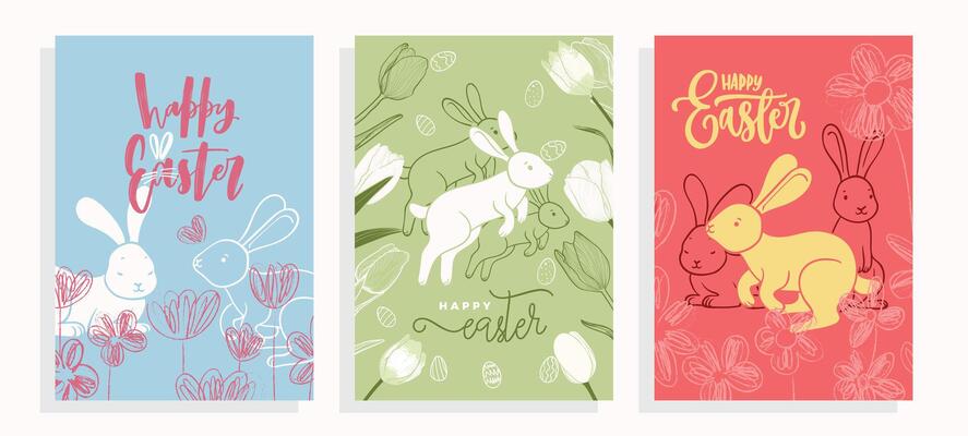 Playful Easter A4 designs with hand drawn line art bunnies, tulips and doodled flowers. Set of spring illustrations for social media, web and print projects.