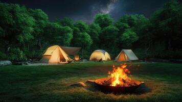 The charming night view reflects the essence of a peaceful campsite nestled in a lush and green forest photo