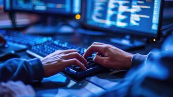 Person coding late at night on multiple computer screens photo