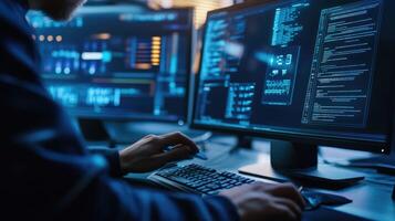 Person coding late at night on multiple computer photo
