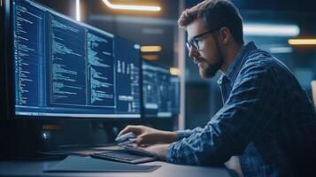 Programmer working late coding on multiple computer screens photo