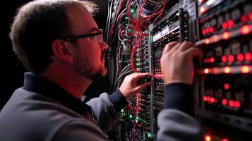 Technician working on server rack maintenance and repair photo