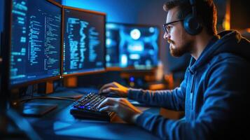 Programmer working late coding on multiple computer photo