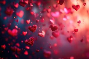 Red Glittering Hearts Falling Romantic Background photo