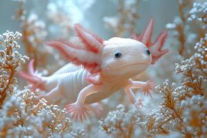 Albino Axolotl Swimming Amongst Aquatic Plants photo