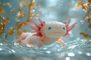 An axolotl swims gracefully in aquatic plants photo