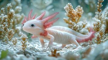 Albino Axolotl in Aquatic Environment Among Plants photo