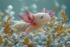 A Pale Pink Axolotl in Aquatic Vegetation photo