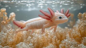 An Albino Axolotl Swims in Aquatic Plants photo