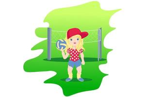 A girl with a ball stands on the play field for volleyball vector