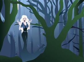 Crying banshee in the forest. Folklore mythology ghost. Halloween greeting card. vector