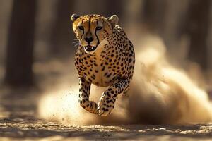 Cheetah Running Swiftly Through Desert Dust photo