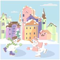 Snowman ice skating in the city covered by snow in winter. vector