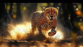 Cheetah Running Through Dust In Golden Sunlight photo