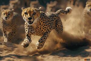 Cheetah Sprint Across Sandy Terrain With Pack photo