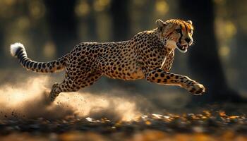 Cheetah Running Through Autumn Forest Dust photo