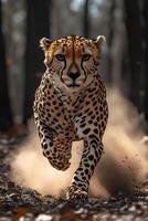 Cheetah Running Through Forest Dust Trail photo