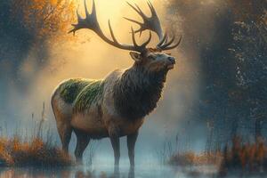 Majestic Elk Stands in Misty Autumnal Water photo