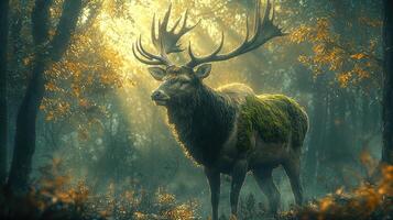 Majestic Moss Covered Stag In Autumn Forest Sunlight photo