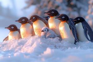 Emperor Penguins Huddle Protecting Chick in Snowy Habitat photo