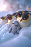 Emperor Penguins Guarding A Tiny Chick In The Snow photo