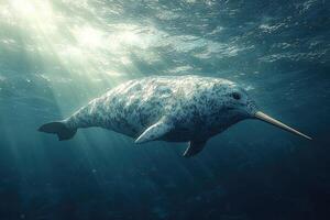 A narwhal swims gracefully in the ocean depths photo