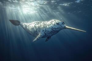 A narwhal swims in deep ocean sunlight photo