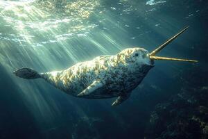 A majestic narwhal swims in sunlit ocean depths photo