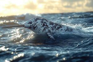 Narwhal swimming in ocean waves during sunset photo