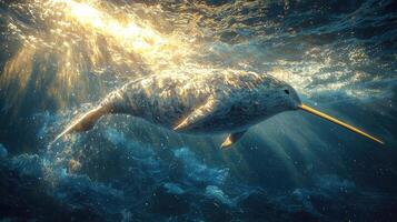A Narwhal Swims Through Sunlit Ocean Depths photo