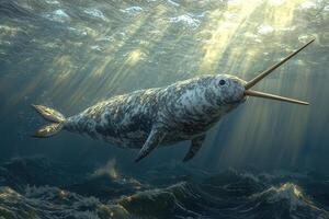 A narwhal swims gracefully beneath the ocean surface photo