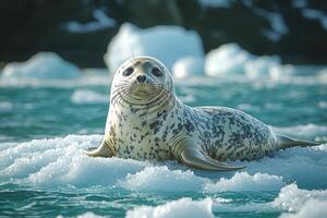 Harbor Seal Resting On Ice Floe In Arctic Waters photo