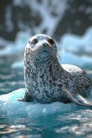 A Leopard Seal Rests on an Ice Floe in the Ocean photo
