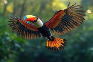 A Colorful Toucan in Flight Soaring Through Lush Greenery photo