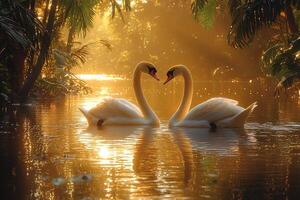 Two Swans Forming Heart Shape at Golden Hour photo