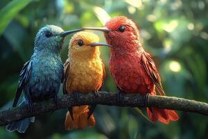 Three Vibrant Hummingbirds Perched on a Branch photo