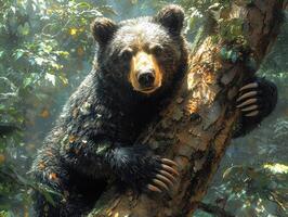 Majestic Brown Bear Resting on a Forest Tree Trunk photo