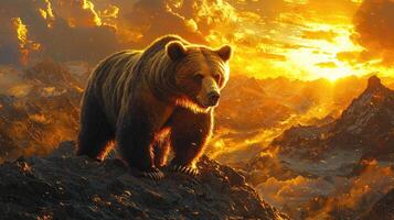 Majestic Grizzly Bear on a Fiery Mountain Peak at Sunset photo