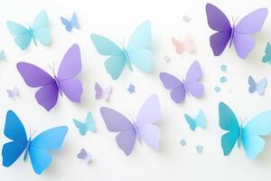 Delicate paper butterflies in various shades of blue create a whimsical and airy atmosphere on a soft pastel background photo