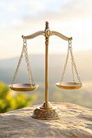 Scales of Justice balanced on a rocky cliff during sunset representing the equilibrium of truth, law, and morality photo