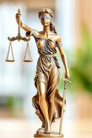Symbolizing fairness and impartiality, a bronze Lady Justice statue stands adorned with scales and sword against a blurred courthouse backdrop photo