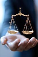 Glowing Scales of Justice hologram suspended above a judges hand, symbolizing digital law and the evolution of legal technology in modern justice systems photo
