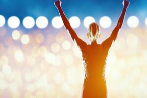 Long-distance runner triumphantly crosses finish line with arms raised in victory under stadium floodlights photo