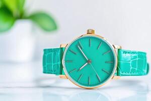 Luxury turquoise watch features a striking design with a glossy surface and sleek gold accents, perfect for sophisticated occasions and enhancing personal style photo