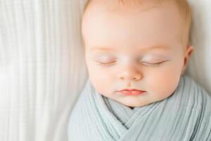 Soft pastel blanket cradles sleeping newborn in dreamy light with neutral backdrop creating a serene atmosphere photo