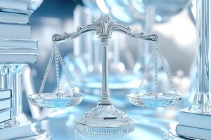 Futuristic silver scales of justice floating among law books in a modern legal environment photo