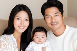 Korean couple enjoying family time together with their newborn and toddler on a cozy beige sofa in a warm, minimalist home setting photo